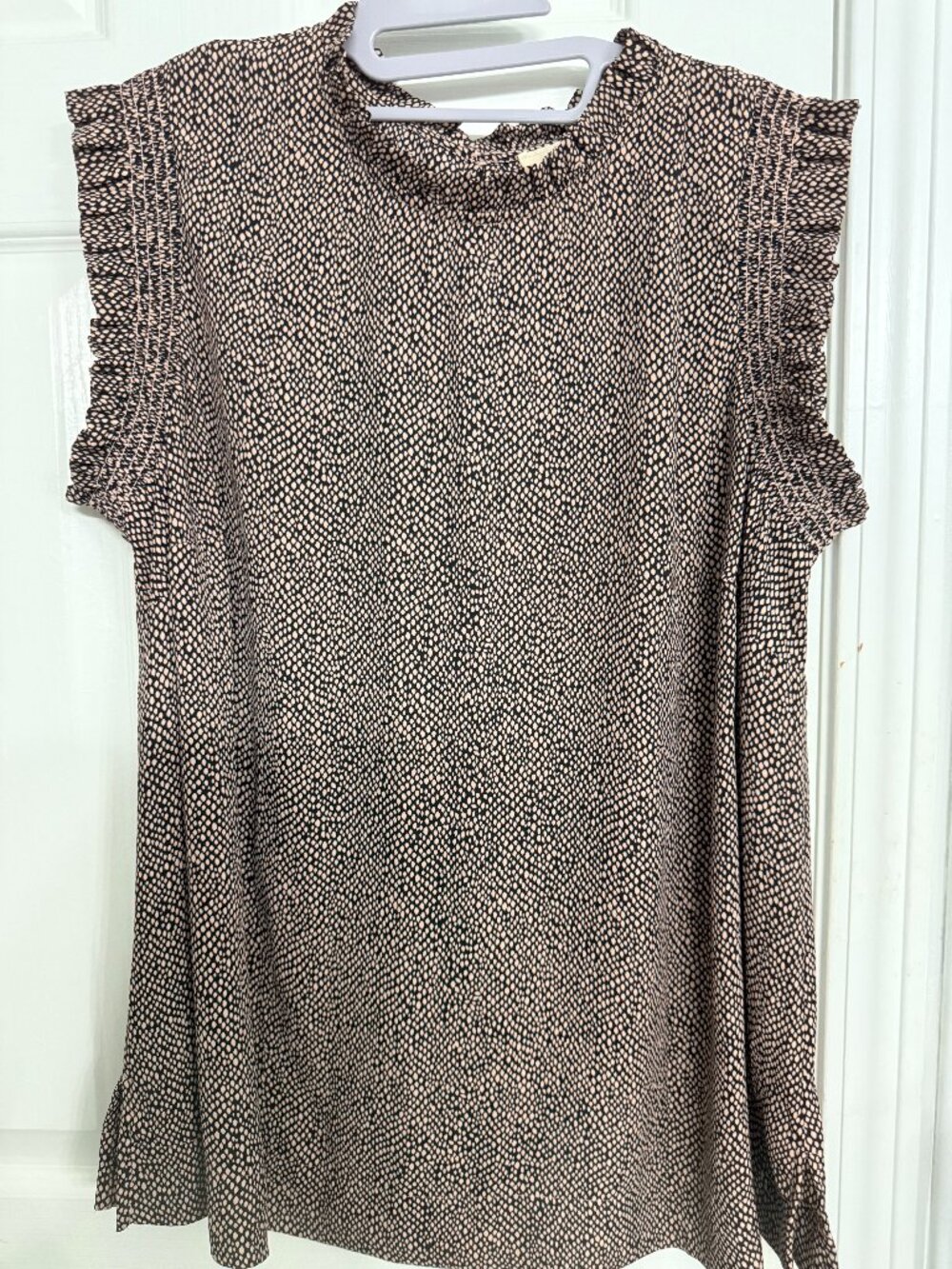 Le Serein Pink Black Snakeskin Animal Print Smocked Mock Neck Blouse